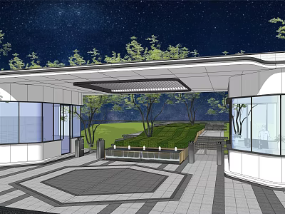 Modern Building Exterior Wall With Glass Facade Greenery And Night Courtyard Lighting 3d model