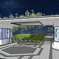 Modern Building Exterior Wall With Glass Facade Greenery And Night Courtyard Lighting