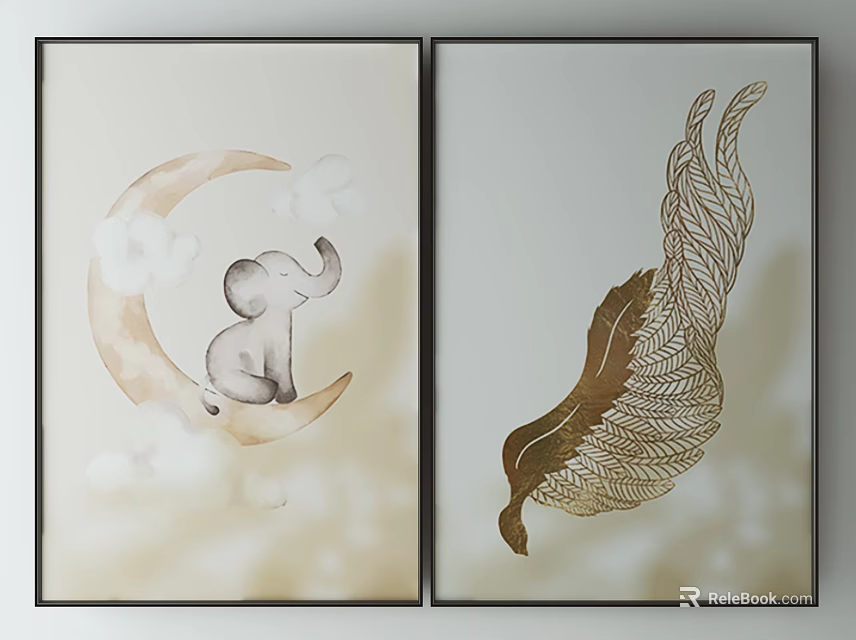 Decorative Wall Art Prints Featuring Elephant On Moon Clouds And Golden Feather 3d model