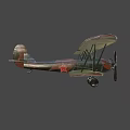 Vintage Biplane Fighter Aircraft with Green Brown Striped Wings Red Tail Emblem Propeller Landing Gear