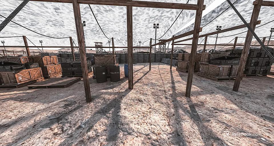 Outdoor Storage Facility With Wooden Frames Sand Ground Crates And Metal Poles 3d model 