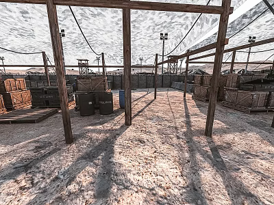 Outdoor Storage Facility With Wooden Frames Sand Ground Crates And Metal Poles 3d model