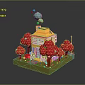 Colorful 3D House Model Scene With Yellow Building Red Trees And Green Bubbles