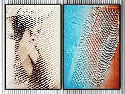Modern Abstract Decorative Paintings With Geometric Lines Black White Blue Orange Tones For Wall Art 3d model