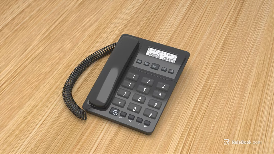 Black Landline Phone With Numeric Keypad And Display Screen On Wooden Table 3d model 