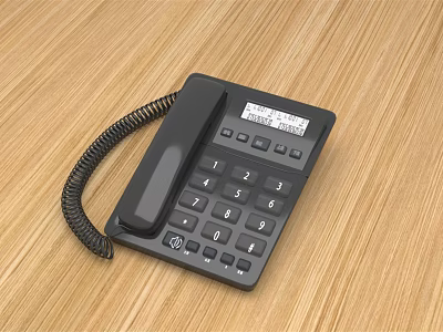 Black Landline Phone With Numeric Keypad And Display Screen On Wooden Table 3d model