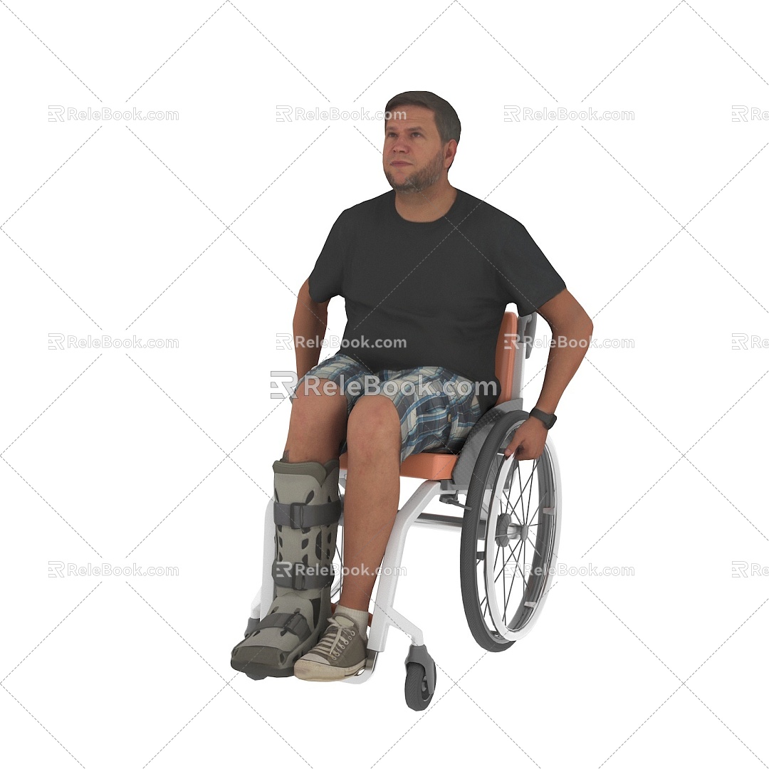 Wheelchair-bound foreign man with leg injury cast 3d model