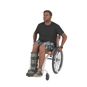 Wheelchair-bound foreign man with leg injury cast 3d model