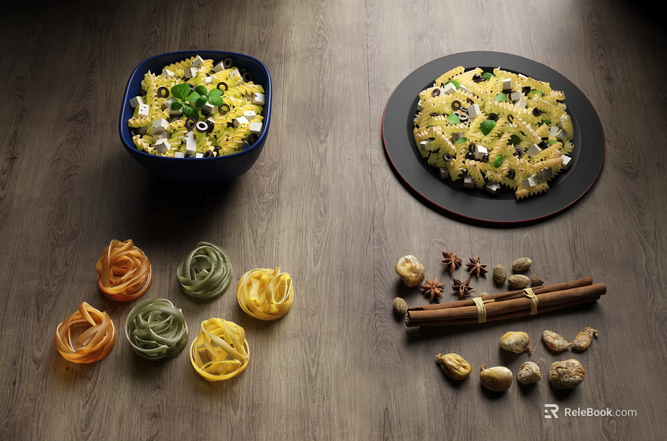 Colorful Pasta Dishes in Blue Bowl and Black Plate with Nuts and Spices 3d model 