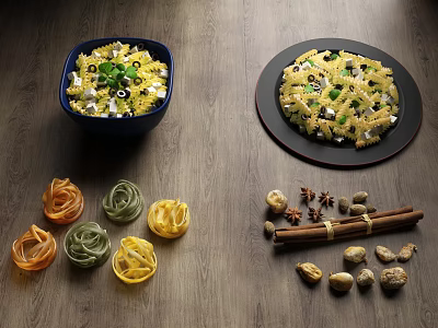 Colorful Pasta Dishes in Blue Bowl and Black Plate with Nuts and Spices 3d model