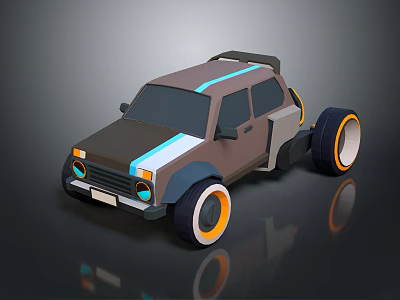 Low Poly Style Brown Car With Blue Stripe White Orange Wheels And Roof Rack 3d model