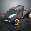 Low Poly Style Brown Car With Blue Stripe White Orange Wheels And Roof Rack