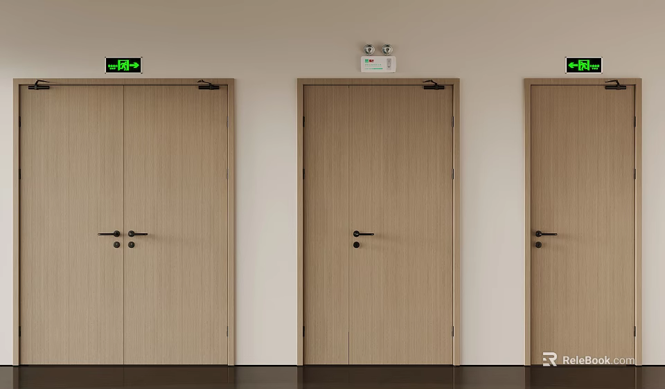 Fire Equipment With Emergency Exit Signs Above Three Wooden Doors On Wall 3d model 