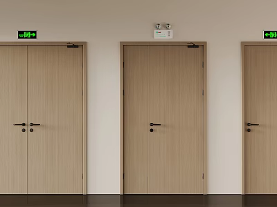 Fire Equipment With Emergency Exit Signs Above Three Wooden Doors On Wall 3d model