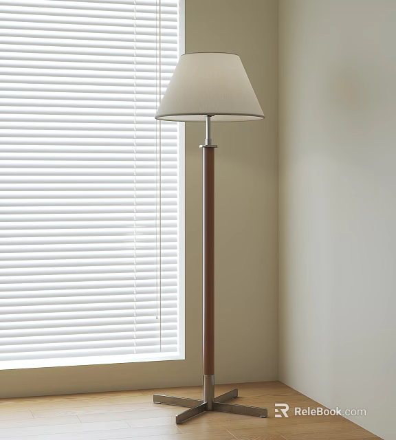 Beige Lampshade Floor Lamp With Wooden Pole By Window With Blinds And Light Colored Wall 3d model 