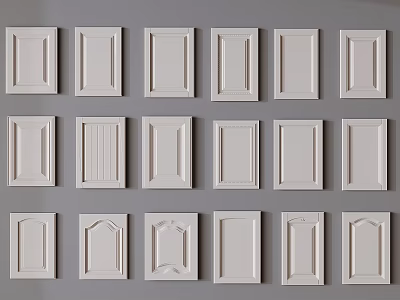 Collection of Different Style White Cabinet Doors Arranged on Gray Wall 3d model