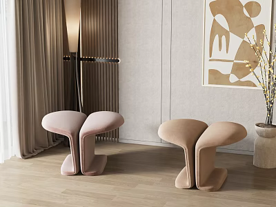 Modern Curved Sofa Stools Light Pink and Beige Living Room with Floor Lamp Abstract Art 3d model