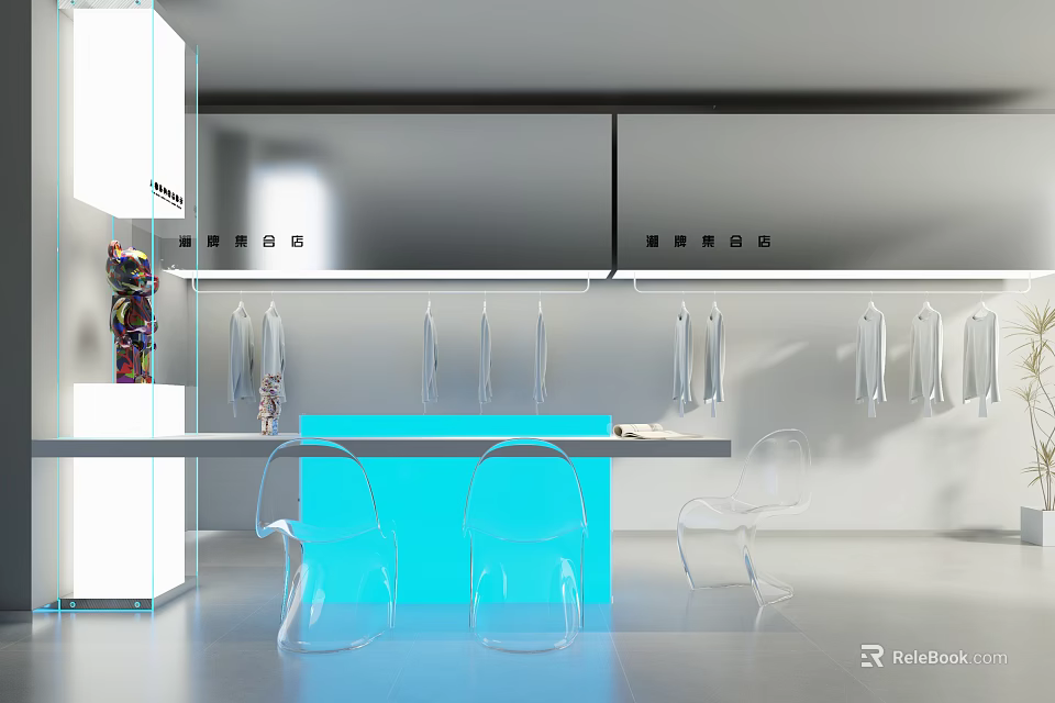 Modern Clothing Store Interior Design With Glass Display Racks Transparent Chairs And Blue Counter 3d model 