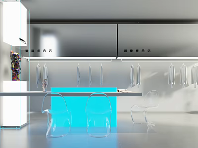 Modern Clothing Store Interior Design With Glass Display Racks Transparent Chairs And Blue Counter 3d model