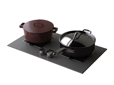 Black Kitchen Stove With Red Covered Cooking Pot And Black Frying Pan 3d model