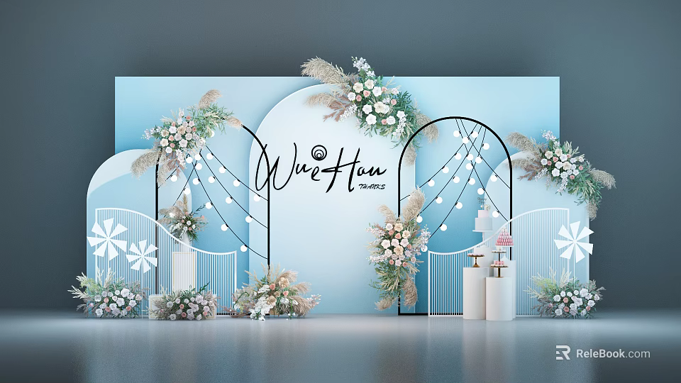 Elegant Wedding Decor With Flower Arches String Lights White Railings And Cake 3d model 