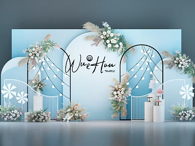Elegant Wedding Decor With Flower Arches String Lights White Railings And Cake 3d model