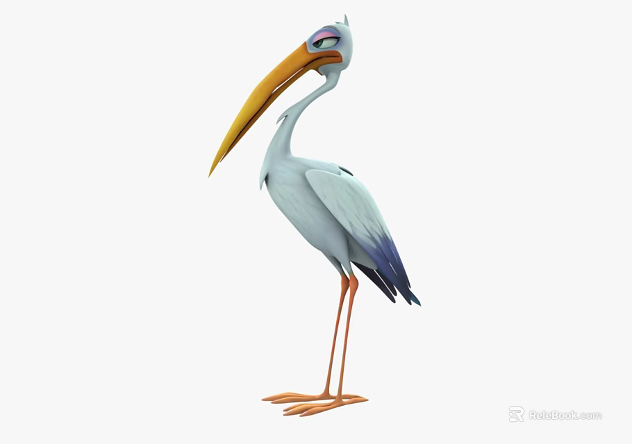 Cartoon Pelican 3D Model With Long Orange Beak White Body And Blue Purple Wings 3d model 