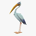 Cartoon Pelican 3D Model With Long Orange Beak White Body And Blue Purple Wings