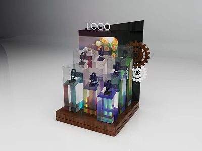 Modern Display Shelves With Glass Panels Wooden Base Logo And Gear Decorations 3d model