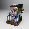 Modern Display Shelves With Glass Panels Wooden Base Logo And Gear Decorations
