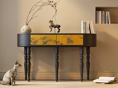 Black And Yellow Patterned Console Table With Vase Branches Figurine Books Cat Near Wall Shelf 3d model