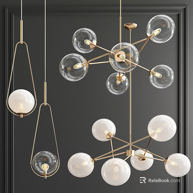Modern Luxury Chandeliers With Gold Frames Transparent Glass Balls And White Spherical Shades 3d model 