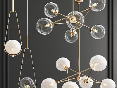 Modern Luxury Chandeliers With Gold Frames Transparent Glass Balls And White Spherical Shades 3d model