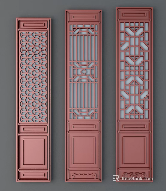 Three Red Wooden Swing Doors With Traditional Chinese Decorative Patterns 3d model