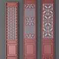 Three Red Wooden Swing Doors With Traditional Chinese Decorative Patterns 3d model