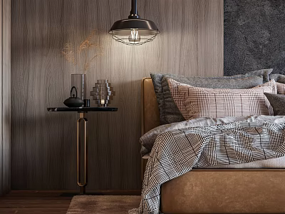 Double Bed in Modern Bedroom with Wooden Wall Pendant Light and Plaid Bedding 3d model