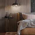 Double Bed in Modern Bedroom with Wooden Wall Pendant Light and Plaid Bedding