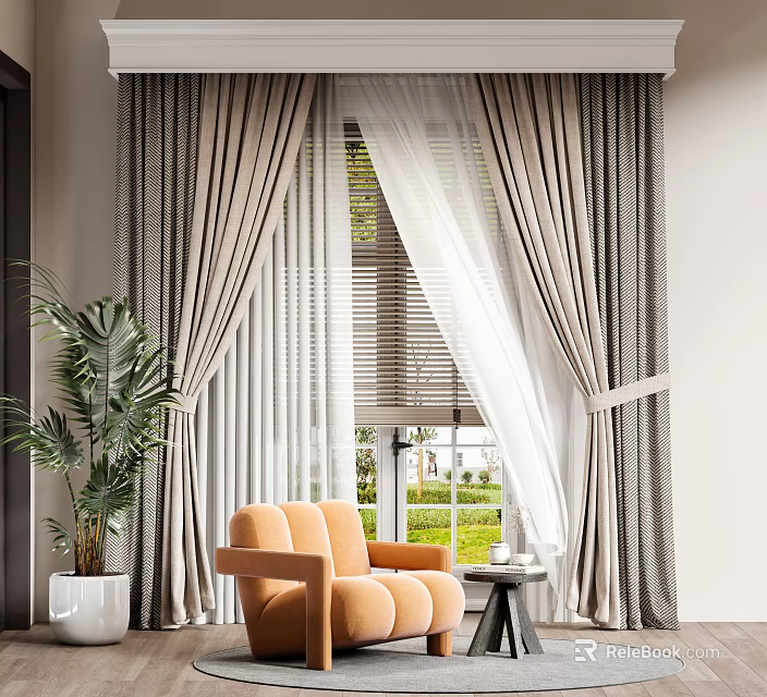 Neutral Curtains with Sheer Layers and Tiebacks in Bright Room with Armchair and Plant 3d model 
