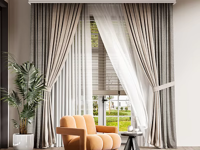 Neutral Curtains with Sheer Layers and Tiebacks in Bright Room with Armchair and Plant 3d model
