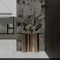 Modern Entryway Console Table With Marble Wall Brass Base And Decorative Plants 3d model