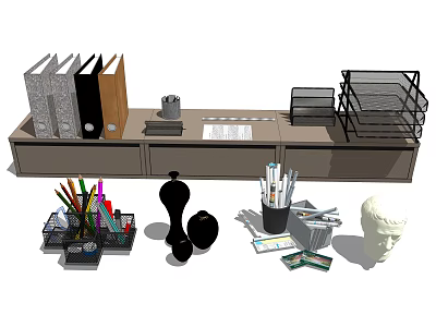 Office Desk Organizer With Binders Pencil Holders Sculpture And Stationery Items 3d model