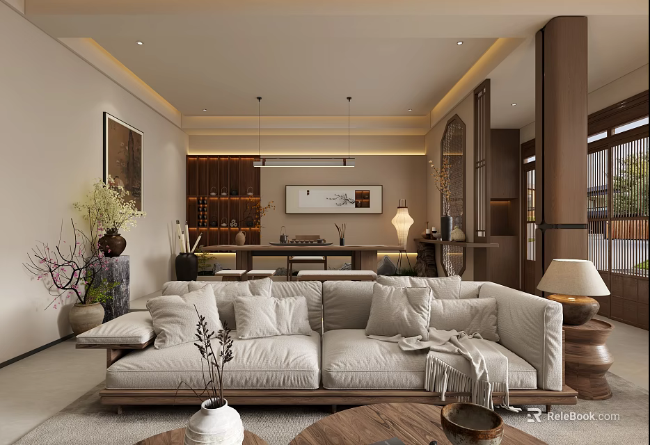 Cozy Modern Living Dining Room Interior With Large Sofa Wooden Shelves And Decorative Lamps 3d model 