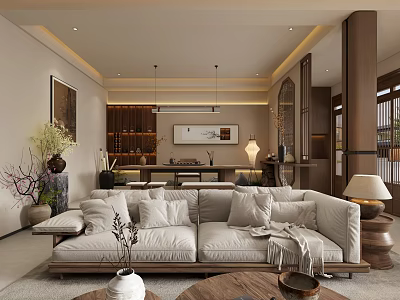 Cozy Modern Living Dining Room Interior With Large Sofa Wooden Shelves And Decorative Lamps 3d model