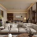 Cozy Modern Living Dining Room Interior With Large Sofa Wooden Shelves And Decorative Lamps