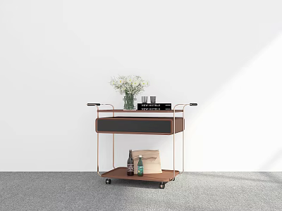 Modern Rolling Utility Cart With Wooden Top Metal Frame Flower Vase And Cups 3d model