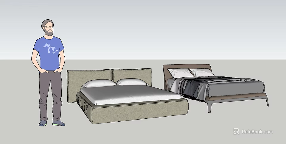 Two Modern Double Beds With Gray Frame And Black Bedding In Bedroom 3d model