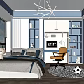Blue And White Kids Room Interior With Bed Desk Bookshelves Chandelier And Soccer Ball
