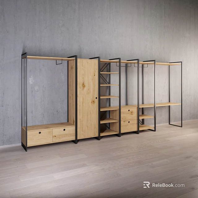 Modern Display Cabinet With Wooden Metal Frame Drawers Shelves Gray Wall Wooden Floor 3d model 