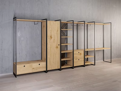 Modern Display Cabinet With Wooden Metal Frame Drawers Shelves Gray Wall Wooden Floor 3d model