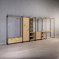 Modern Display Cabinet With Wooden Metal Frame Drawers Shelves Gray Wall Wooden Floor